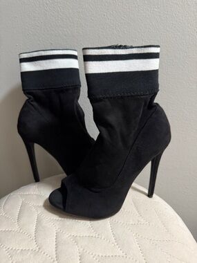 Black Peep-Toe Sock Booties with Striped Cuff